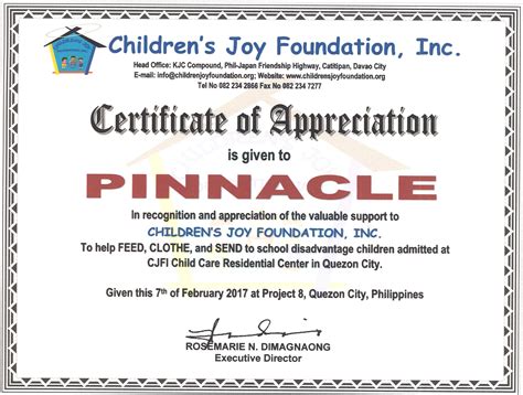 Certificate Of Appreciation From Childrens Joy Foundation