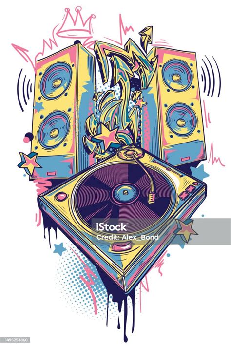 Musical Turntable And Speakers With Graffiti Arrows Colorful Funky