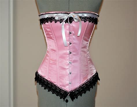 Historic Pink Satin Overbust Authentic Corset With Black Lace Steel
