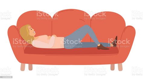 Woman Lying On The Sofa Happy Smile Girl Relaxing Relax On Couch And Dream Mother Resting At