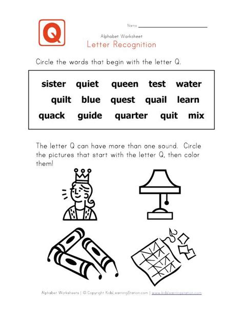 Letter Q Words Alphabet Recognition Page Letter Recognition
