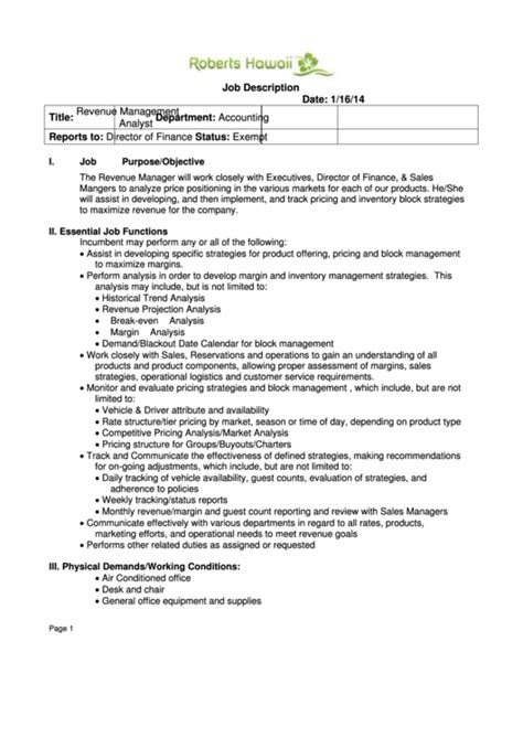 In the general schedule position classification system is established under chapter 51 of title 5, united states code. Job Description - Revenue Management Analyst printable pdf ...