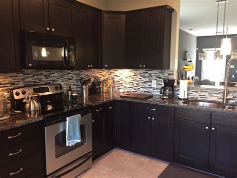Dark Espresso Shaker Cabinets with Mosaic Tile Backsplash ...