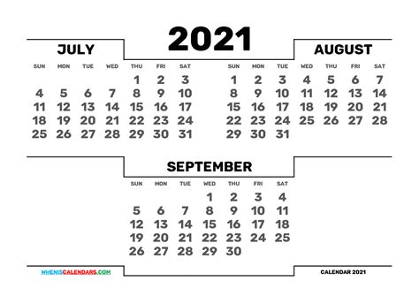 Free July August September 2021 Calendar Printable 214933