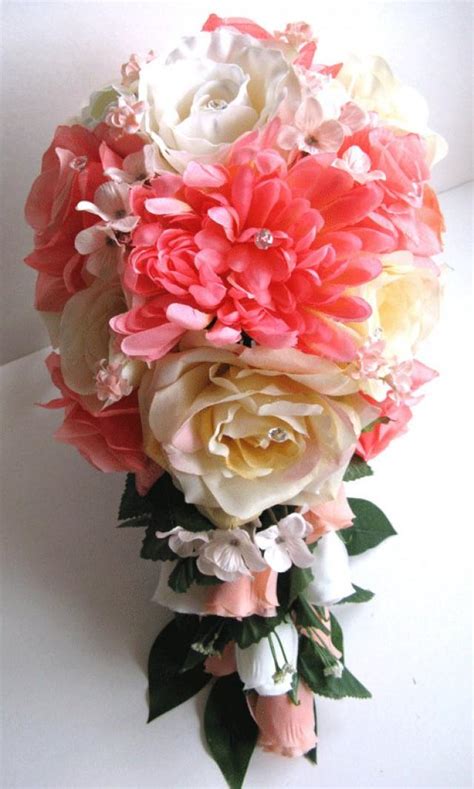 Reserved Listing Wedding Bouquet Bridal Silk Flowers Peach Coral Cream