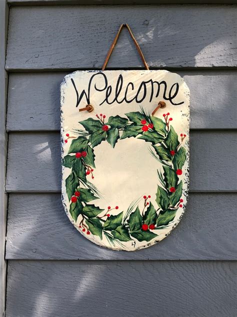 Holly Front Door Wreath Painted Slate Winter Welcome Sign Etsy