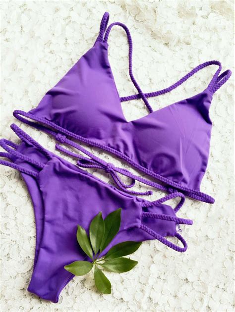 Solid Color Strappy Bikini Set Deep Purple Bikinis Bikini Set