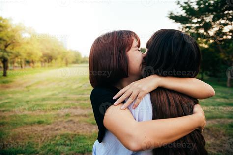 LGBT Lesbian Women Couple Moments Happiness Lesbian Women Couple Together Outdoors Concept