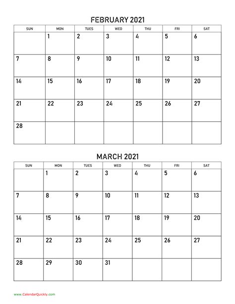February And March 2021 Calendar Calendar Quickly