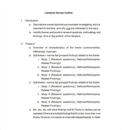 Here is a really good example of a scholary research critique written by a student in edrs 6301. 9+ Literature Review Outline Templates, Samples | Free ...