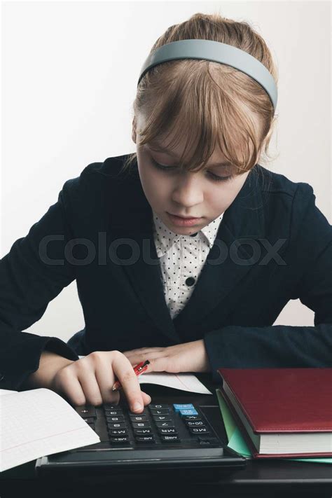 School Girl Using Calculator Closeup Portrait Stock Image Colourbox