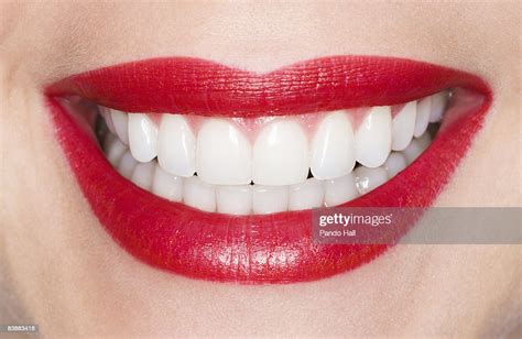 Woman Smiling Closeup Of Mouth Red Lips Bildbanksbilder Getty Images