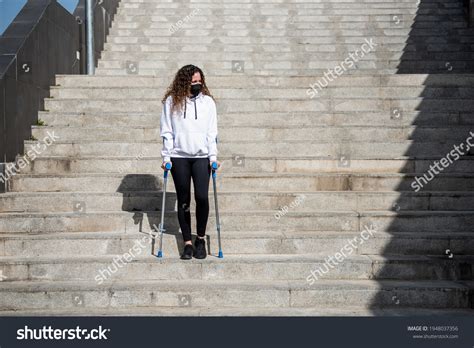 Girl Crutches Going Down Stairs Stock Photo 1948037356 Shutterstock