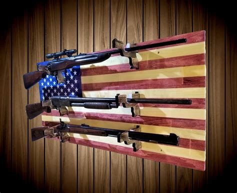 American Flag Patriotic 3 Gun Rack Pistol Hangers Aspen Wood Wall Mount