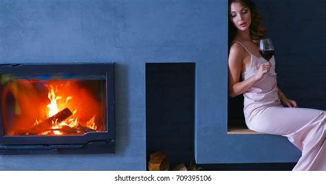 Sexy Woman Front Fireplace Wood Fireplace Stock Photo 709395106
