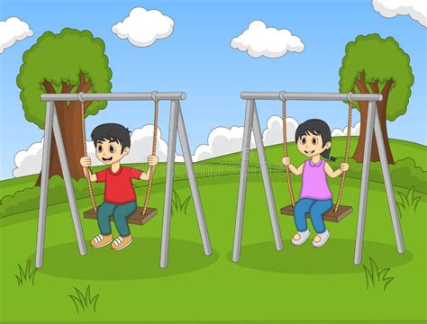 Children Play Swing In The Park Cartoon Stock Vector Illustration Of