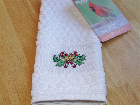 Finished Charles Craft White Cross Stitch Kitchen Towel Christmas Candy