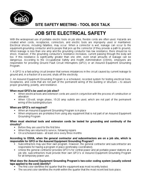Tool Box Talk 8 05 Job Electrical Safety Insurance Safety