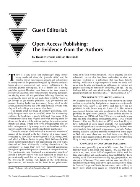 Pdf Open Access Publishing The Evidence From The Authors