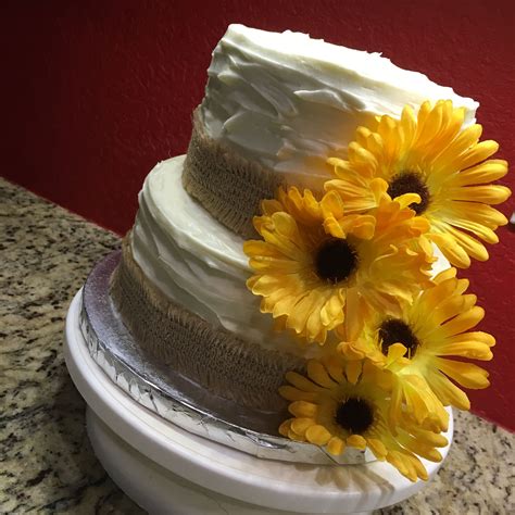Rustic 2 Tier Cake With Burlap And Sunflowers Perfect For A Wedding