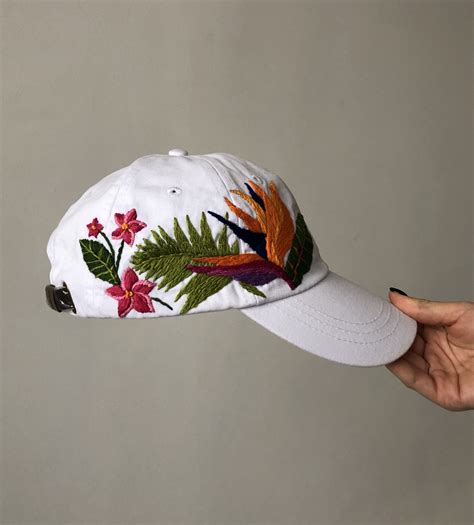 Paradise Flower Embroidered Baseball Cap White Etsy Embroidered