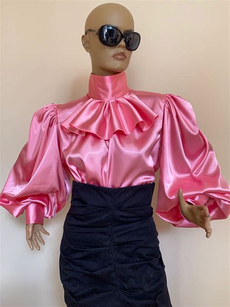 Pink Satin Blouse Satin Blouses Ruffle Blouse Puffy Sleeves Long Puff Sleeves Victorian