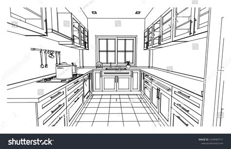 Perspective Kitchen Sketch Design Black White Stock Vector Royalty