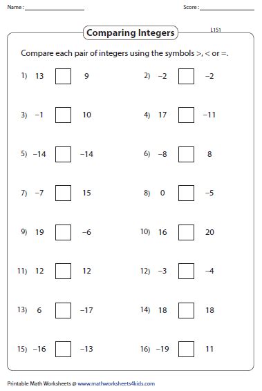Comparing Integers And Rational Numbers Worksheet