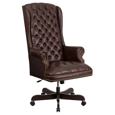 Leather Executive Swivel Office Chair High Back Button Tufted Brown