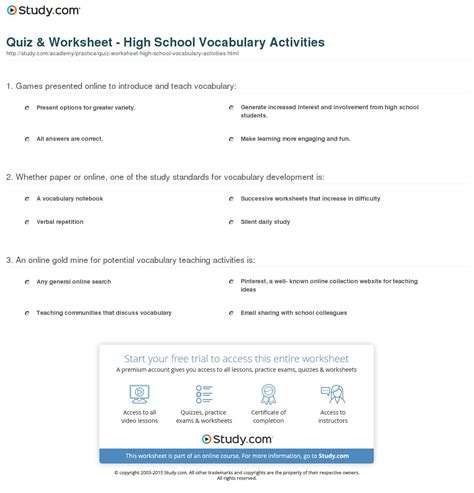 High School Vocabulary Worksheet