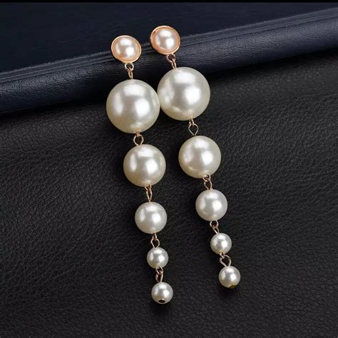 Long White Pearl Earings Pearl Chain Earrings Long Ear Cuff 4 Etsy