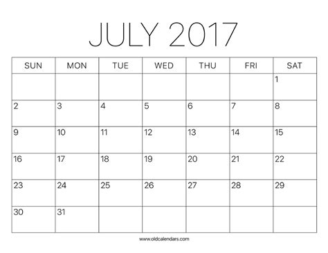 2017 Calendar July Printable Old Calendars