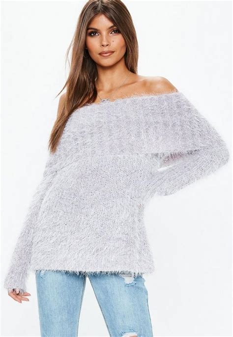 Lilac Glitter Fluffy Bardot Knitted Sweater Missguided