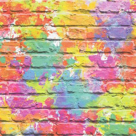 Muriva Painted Brick Pattern Wallpaper Paint Splash Colourful Textured