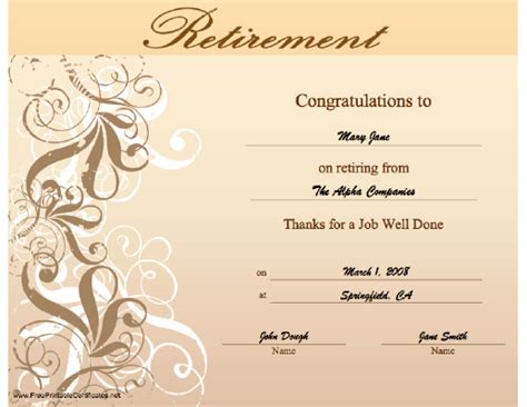 This Retirement Certificate With An Ornate Swirl Design Thanks The