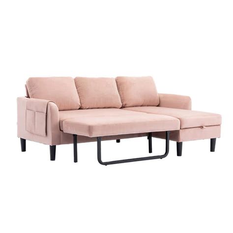 Homefun 73 In Modern Pink Velvet Reversible Sleeper Sectional Sofa Bed
