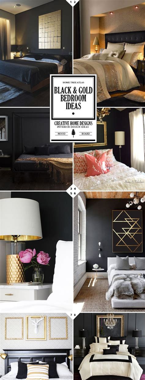 Black And Gold Bedroom Collage With White Bedding