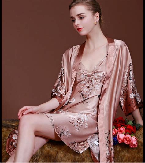 Elegant Women Robe Gown Set Faux Silky Smooth Robe Satin Sleepwear Home