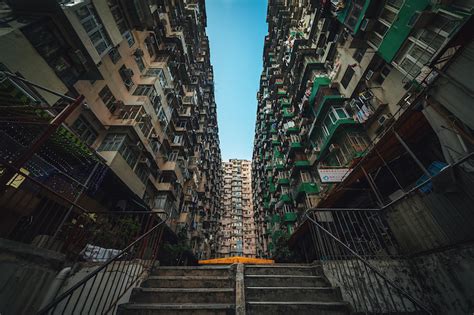 Looking Up At Hong Kongs Densely Populated Skyscrapers