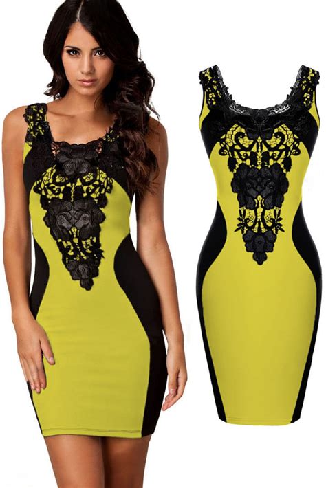 Sexy O Neck Tank Sleeveless Lace Decorated Patchwork Yellow Polyester