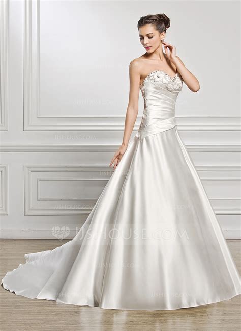 Ball Gown Sweetheart Chapel Train Satin Wedding Dress With Ruffle Beading Sequins 002056966