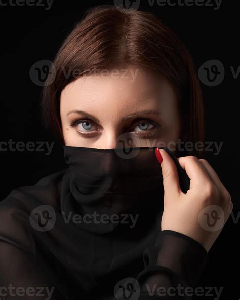 Shy Brunette Woman With Gray Eyes Covered Nose And Mouth Or Face With