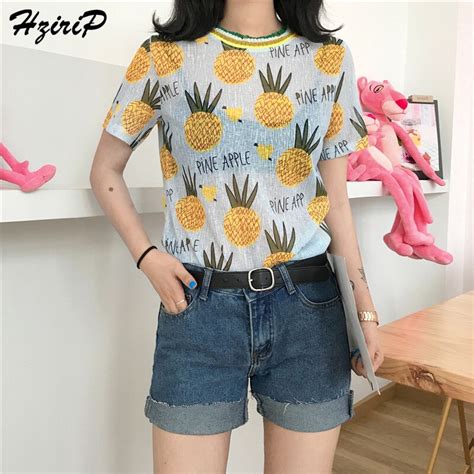 Hzirip 2018 New Women T Shirts Pineapple Print Tops O Neck Loose Casual Hot Tee Shirt Top Female