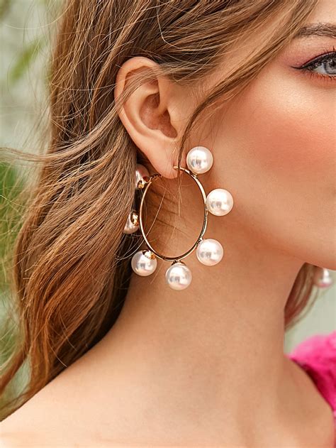 Pair Faux Pearl Decor Hoop Earrings Shein Usa