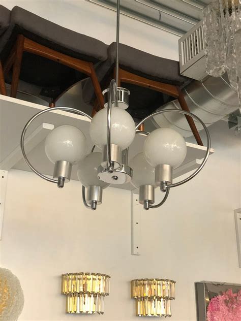 Mid Century Modern Chrome Five Light Scrolled Chandelier With Glass
