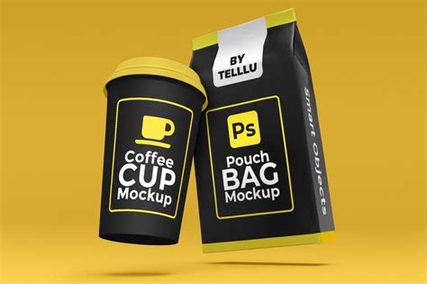 Floating Coffee Cup And Pouch Bag Mockup By Telllu On Envato Elements