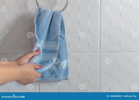 Woman Drying Hands With Towel Stock Photo Image Of Sanitary Holding