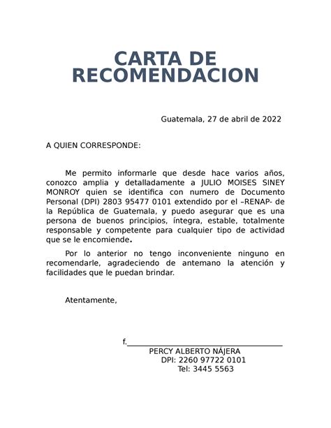 Carta De Recomendacion Personal Ejemplo Guatemala New Sample O Porn