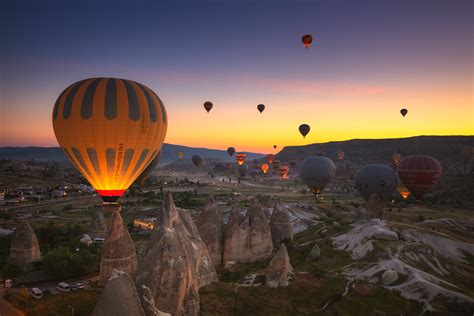 Landscape Nature Hot Air Balloons Cappadocia Turkey Sky Rocks Sunset