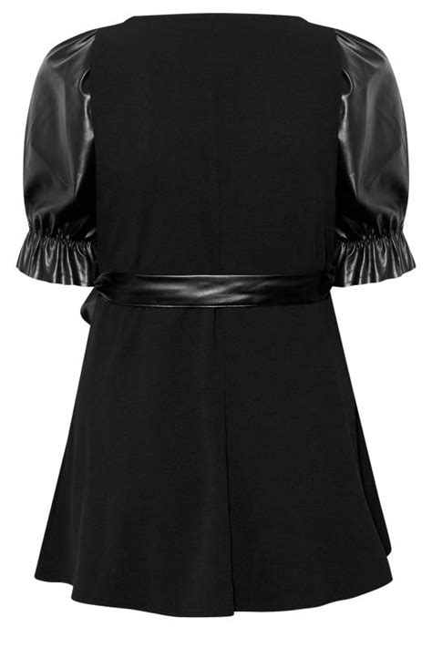 Yours London Plus Size Black Leather Look Puff Sleeve Peplum Top